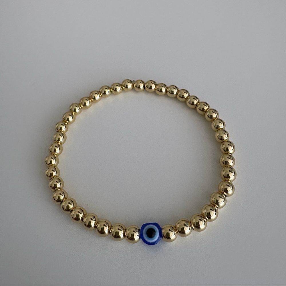 Gold Beaded Bracelet with Blue Evil Eye Bead - Picture 2 of 4